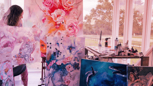 Room with bold color flower painting orange pink with blue underwater painting