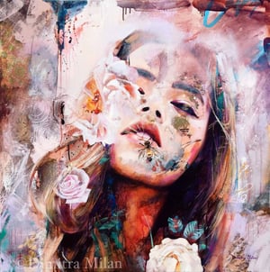 painting portrait of girl surounded by pink cream flowers