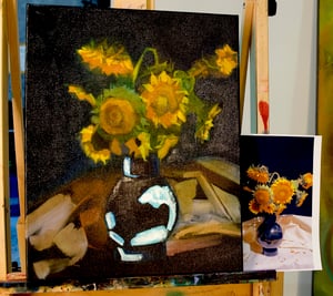 Painting of sunflowers in vase on black background 
