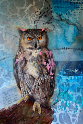 Mixed media owl graduate artwork