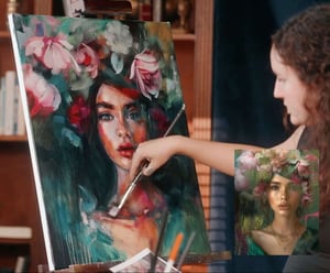 Woman painting a portrait with pink flowers