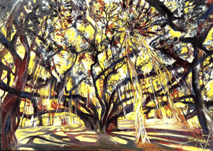 painting of brown tree with yellow light coming through branches