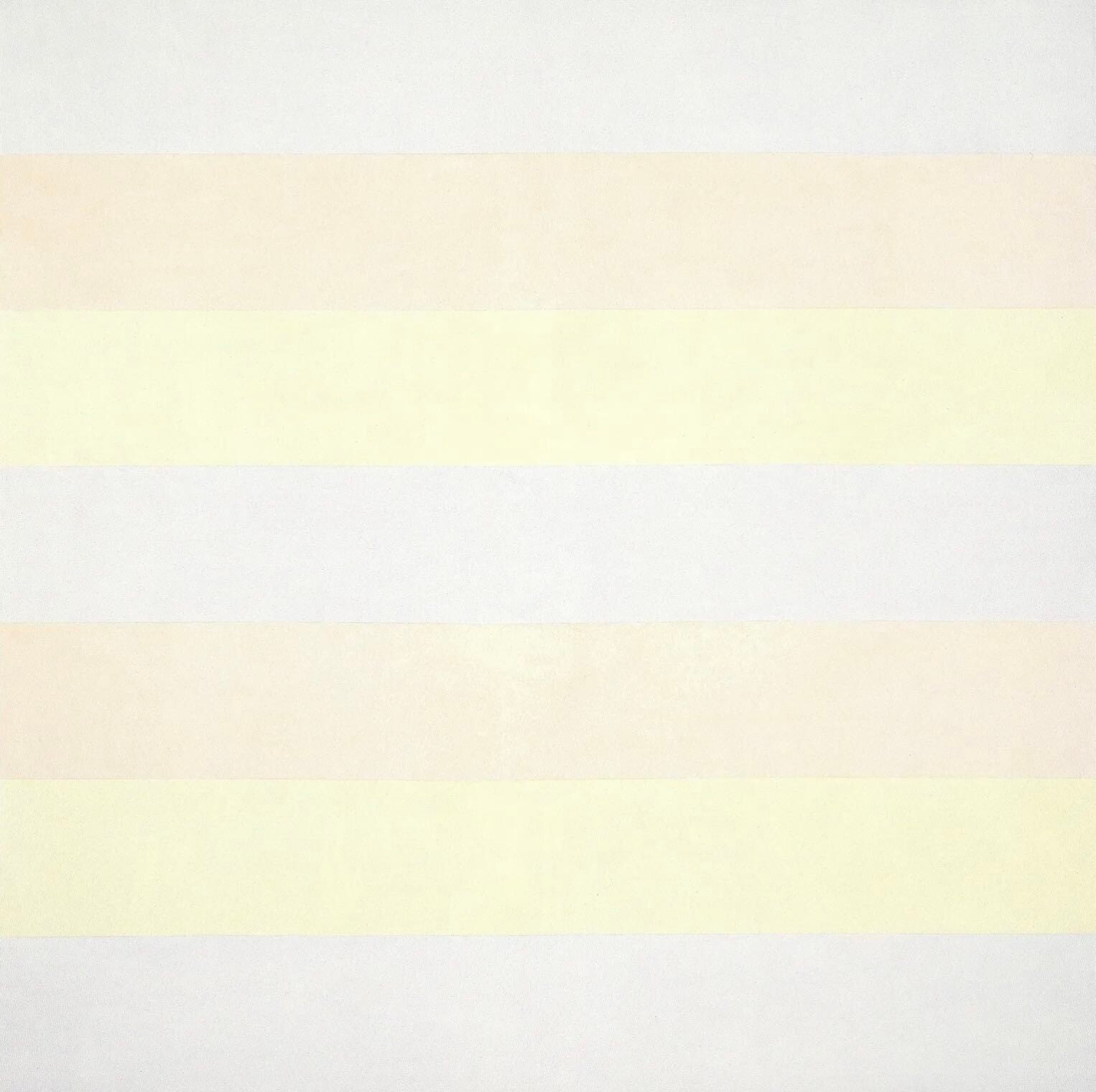 Agnes Martin Untitled number 5 painting of a soft pale grid with faint horizontal bands of muted color