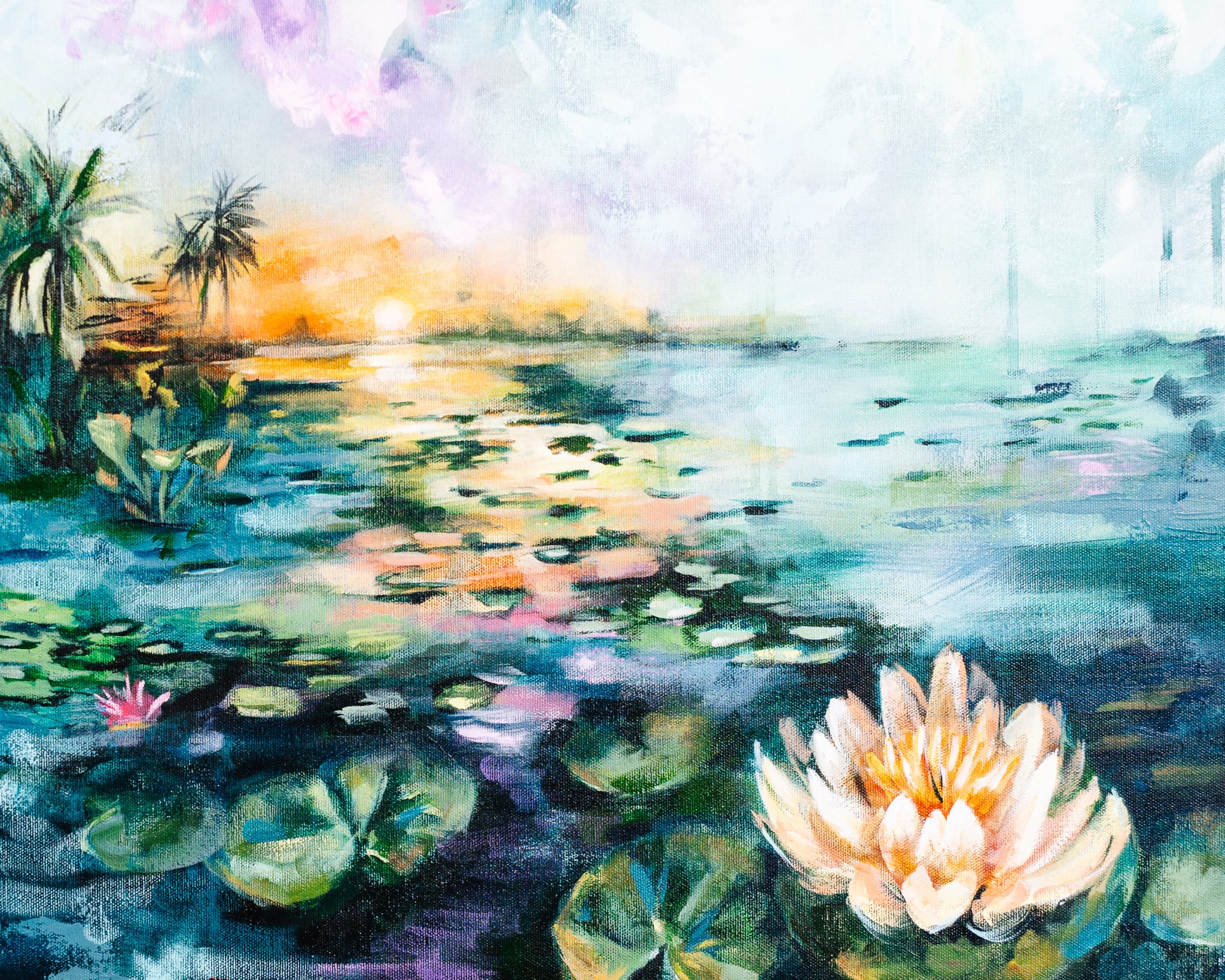 Painting of an ocean sunset over a pond with lily pads