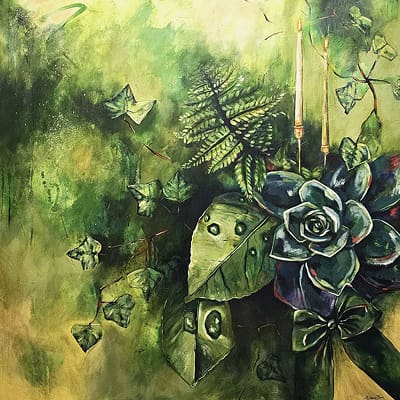 Painting by Eleanor Birch of succulents, candles, and leaves on a green background