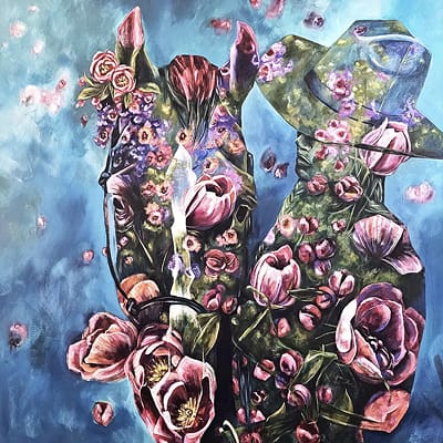 Painting by Eleanor Birch of pink flowers with a horse and a cowgirl
