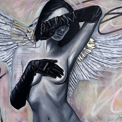 Black and white painting of a woman wearing black gloves with white and gold wings