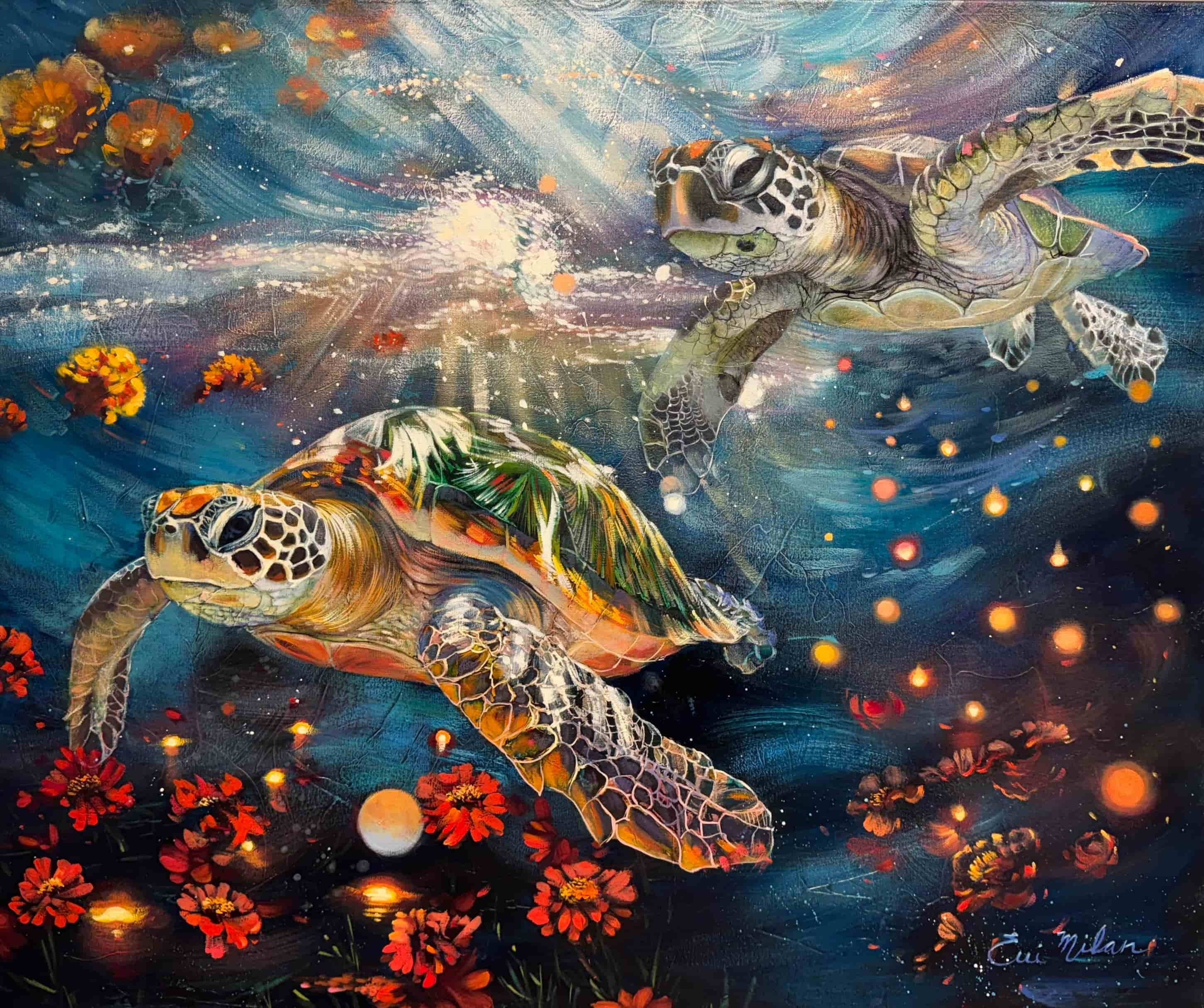 Symbolic painting using repeated motifs and personal imagery to carry meaning