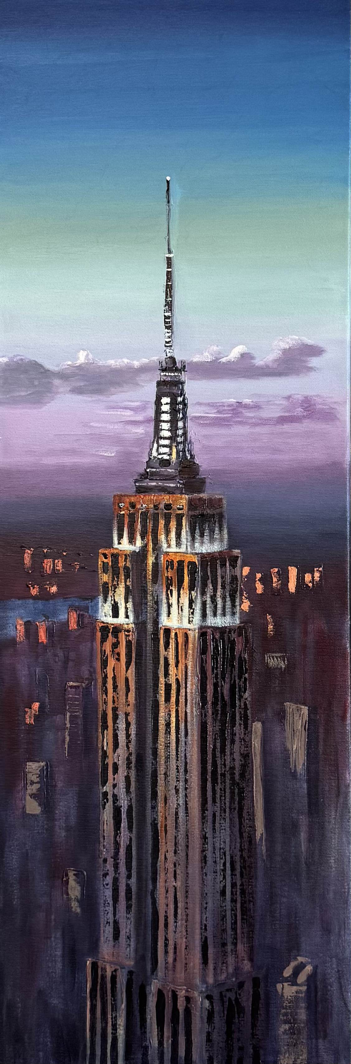 Tall narrow Tina Mutschler painting of the Empire State Building titled Pillar of Dreams