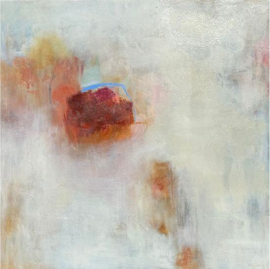 Earth-toned abstract painting in brown and yellow with pops of blue