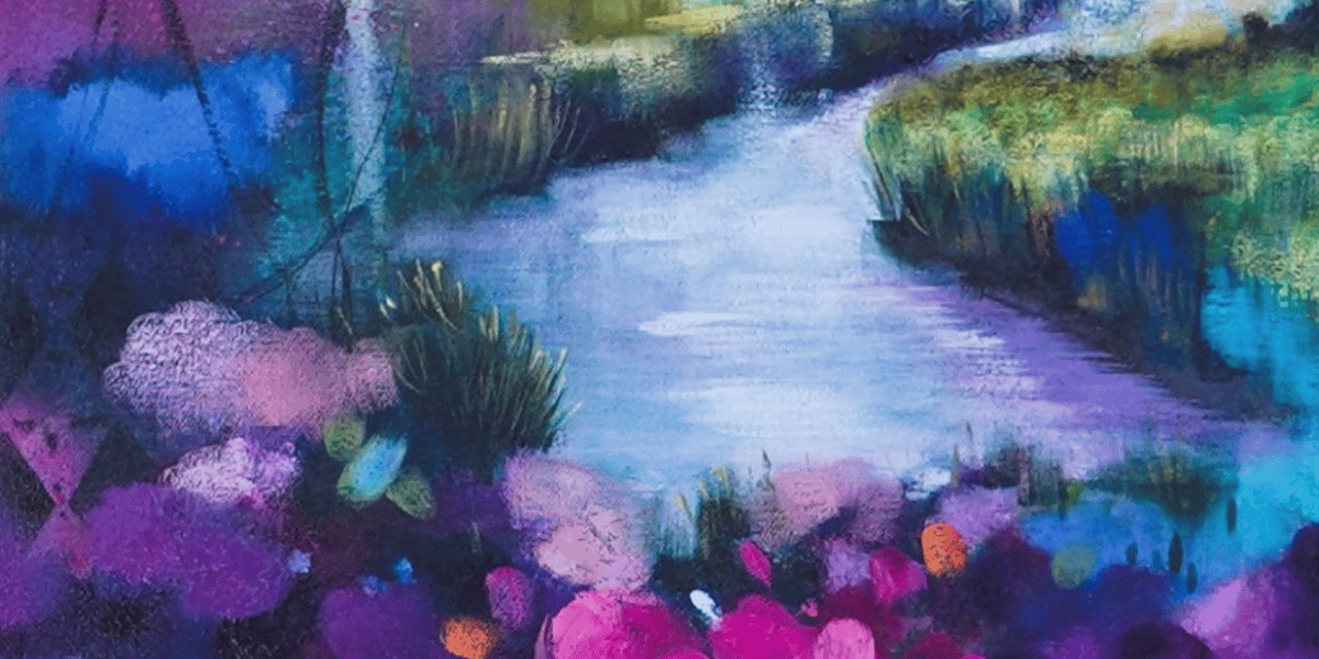 Landscape painting glowing with layered purple and violet light