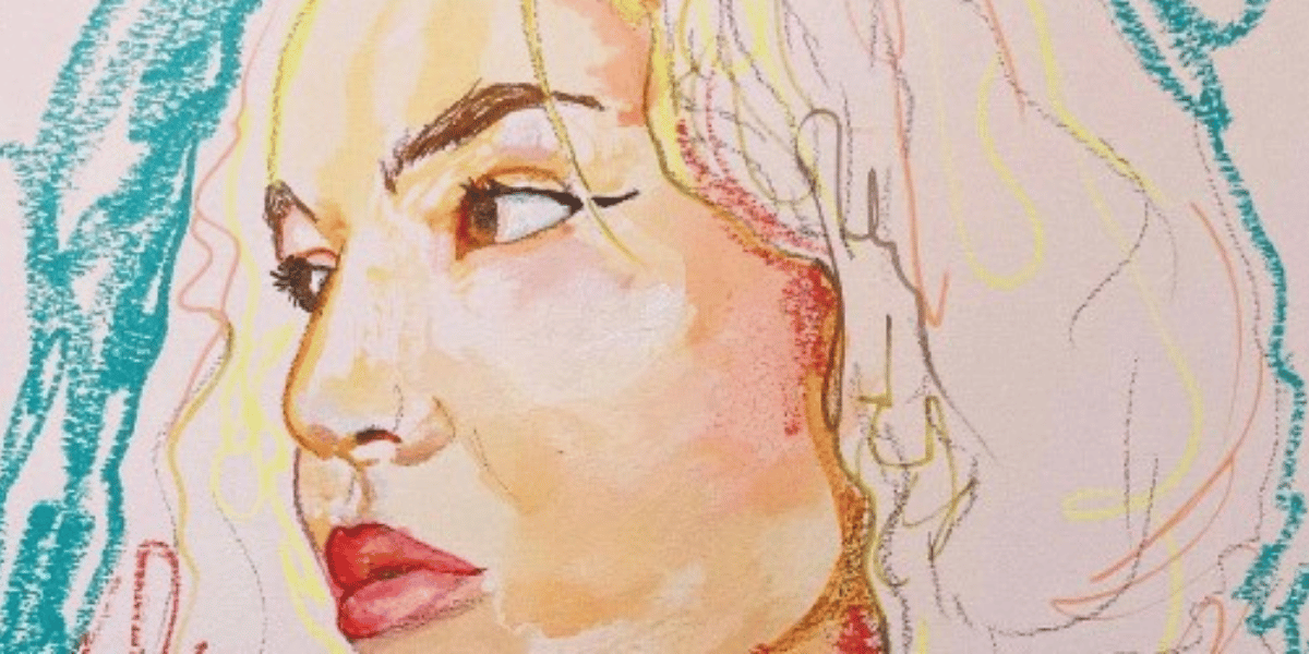 Portrait painted in pastels using tan, teal, red, and peach tones