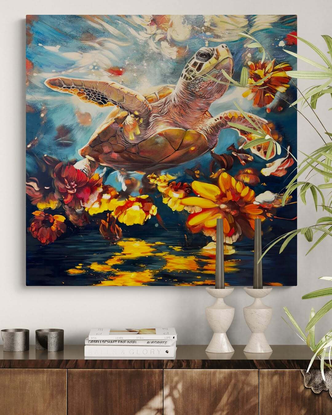 A colorful turtle painting by Elli Milan displayed in an interior